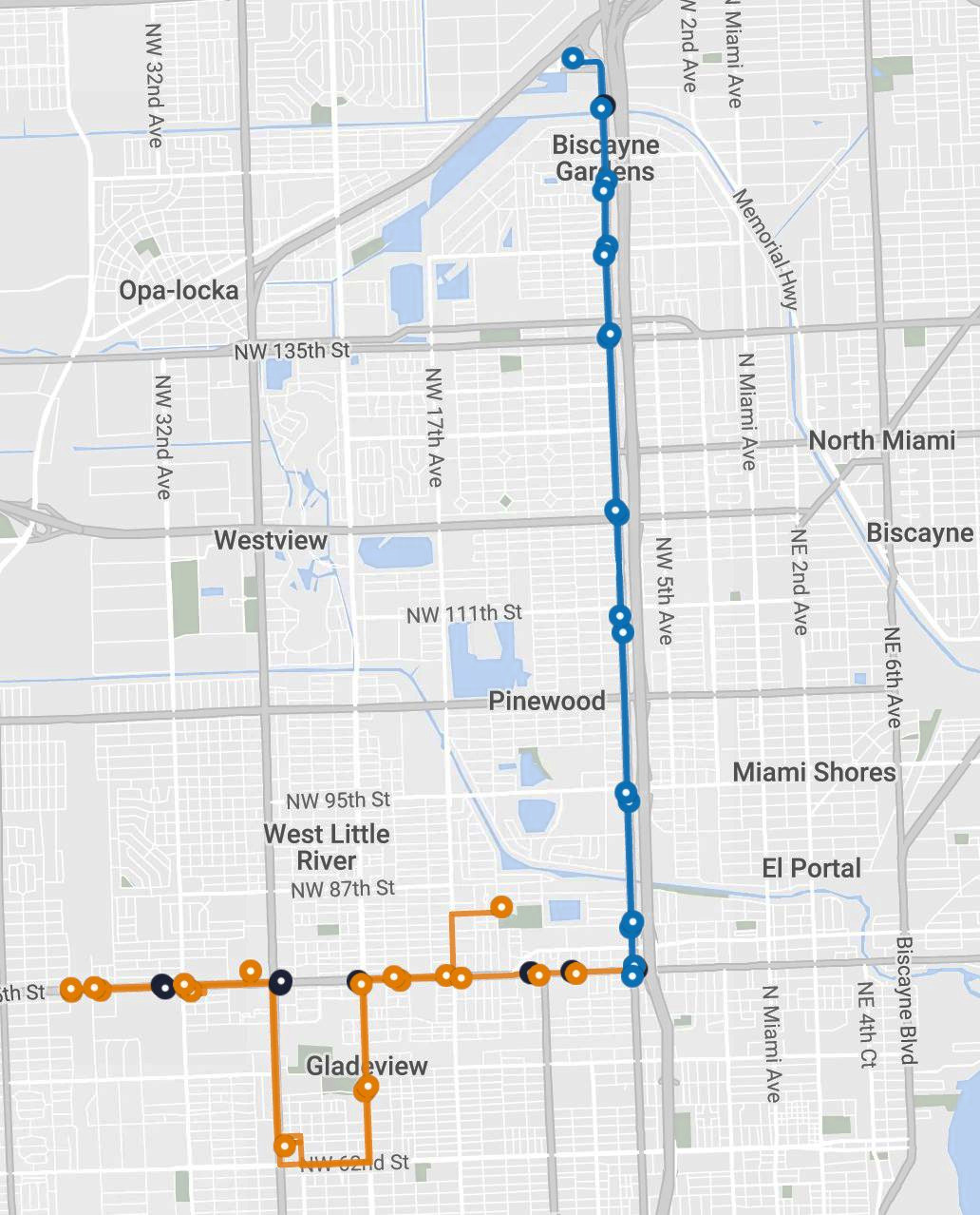 Map of both shuttle routes: 79ST in orange along NW 79th Street, 7AV in blue along NW 7th Avenue