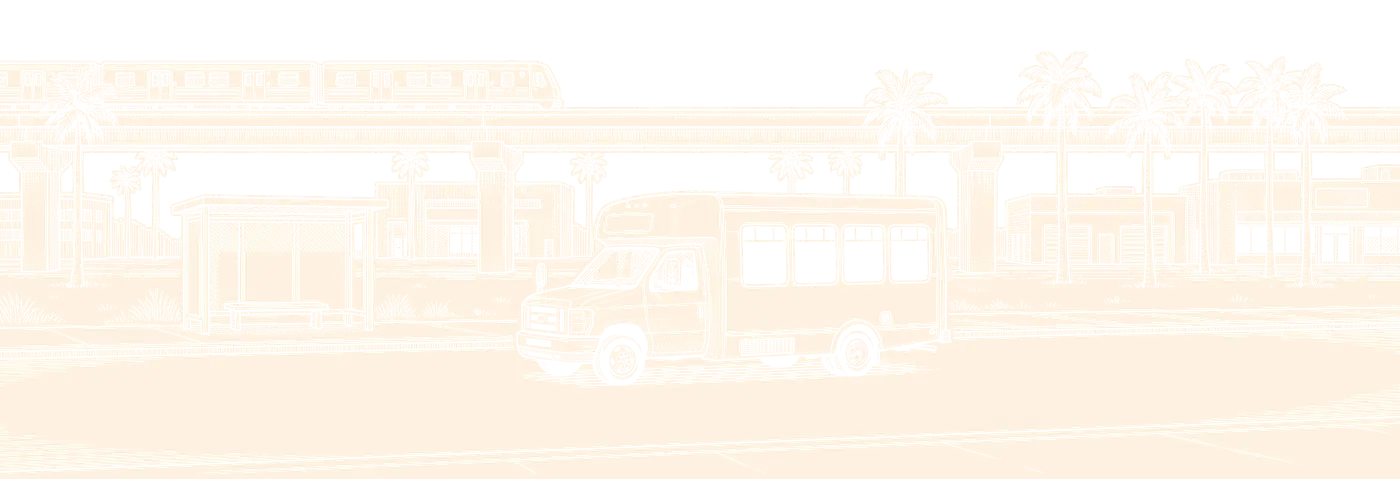 Engraved illustration of the community shuttle on a Miami street lined with palm trees